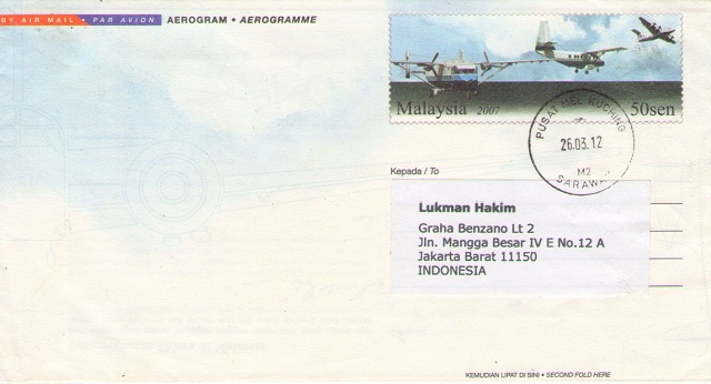 An aerogramme from Pusat Mel Kuching, Sarawak - M2 - (26.03.12) to Jakarta. (Thanks ti Ibrahim Chandra)