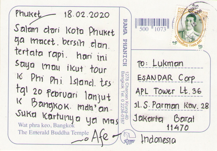 Postcard from Phuket (18.2.63) - year of Budhist f0r 2020. Handchop cancellation. Postal rate are 15 Baht.