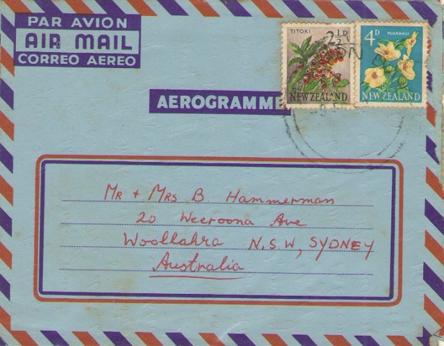 Aerograme Croxley, sent from New Zealand to Australia. Tarif rate 6,5 D.