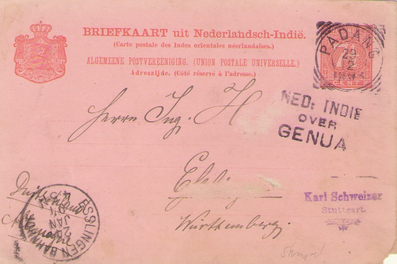 Postcard from Padang (29.12.1893) to Esslingen Bahnhof (24 Jan 94). with route stempel Ned Indie over Genoa. Padang stempels are Vierkant type. Postal rate are 7 1/2 cent.