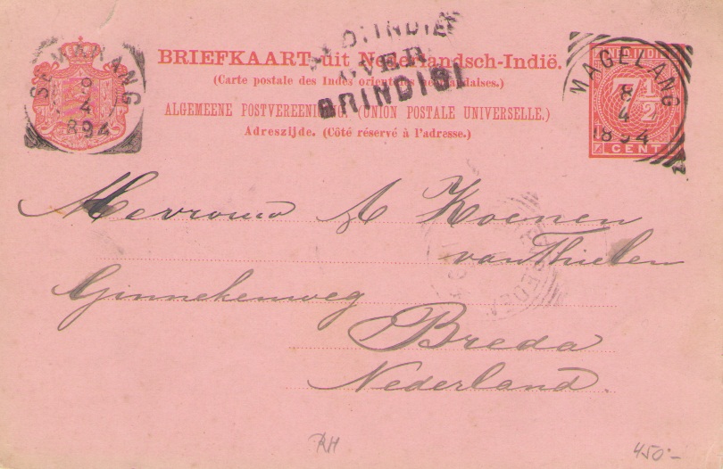 Postcard from Magelang, Java (8.4.1894) to Breda, Nederland. With route stempel "Ned Indie over Brindisi". Postal rate are 7 1/2 cent .