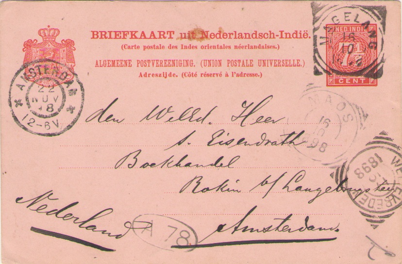 Postcard from Magelang, Java (16.10.1898) to Amsterdam, Netherland (22 Nov 1898) via Maos (16.10.1898) and Weltevreden (17.10.1898). Magelang, Maos and Weltevreden using Vierkant Stempels. Postal rate are 7 1/1 cent.