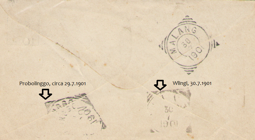 Transit cancellation, Probolinggo (29.7.1901), Malang (30.07.1901) and Wlingi (30.7.1901). Using vierkant stempels type.