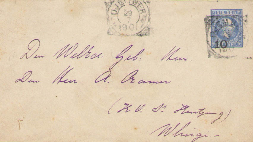 Postal stationary of King Willem III 20 cent, overprinted to 10 cent. Sent from Djember (29.7.1901) to Wlingi (30.7.1901). via Probolinggo (circa 29.7.1901) and Malang (30.7.1901) - see the reverse for transit. Using vierkant stempels, Djember, Probolinggo, Malang and Wlingi. Postal rate are 10 cent.