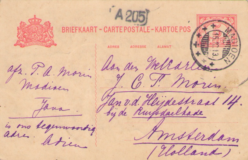 Postcard from Madioen (15.12.13) sent to Amsterdam, Holland. Postal rate 5 cent. Control number A 205.
