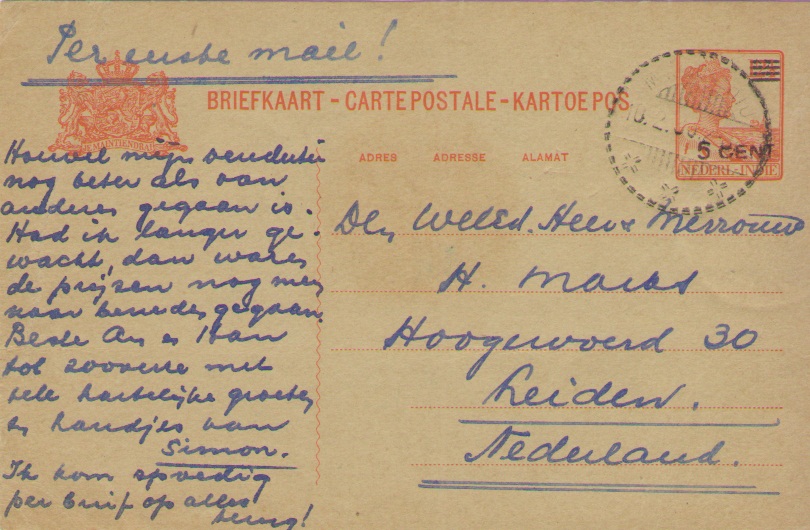 Postcard sent from Modjokerto (9.2.30) to Leiden, Nederland. Postal rate are 5 cent.