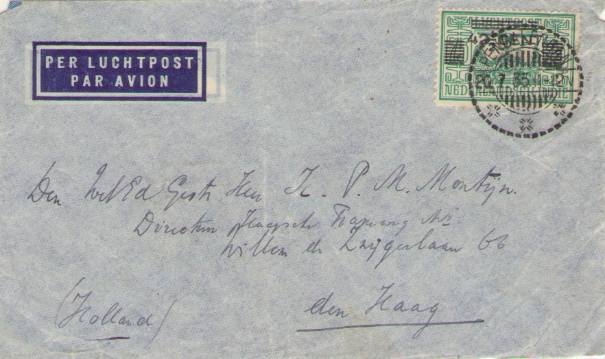 Airmail cover sent from Pengalengan (20.7.1935) to Den Haag, Holland. 