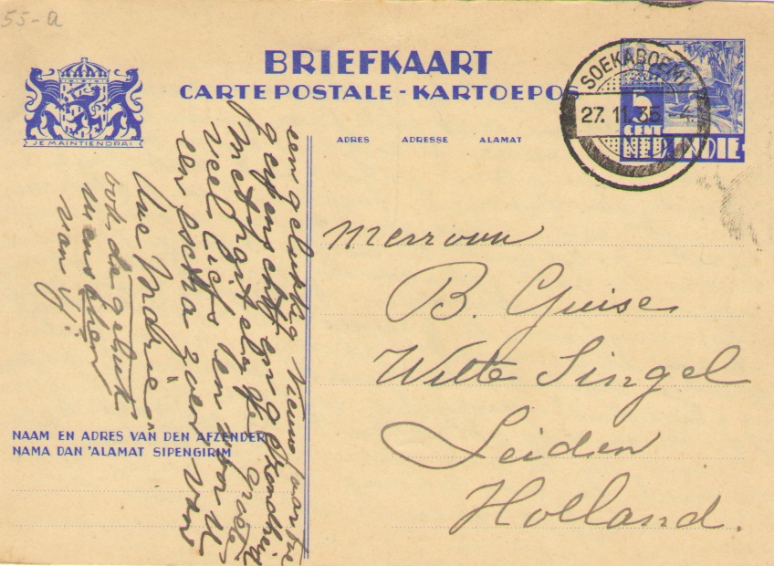 Postcard from Soekabumi (27.11.35) to Leiden, Holland. Postal rate 5 cent.