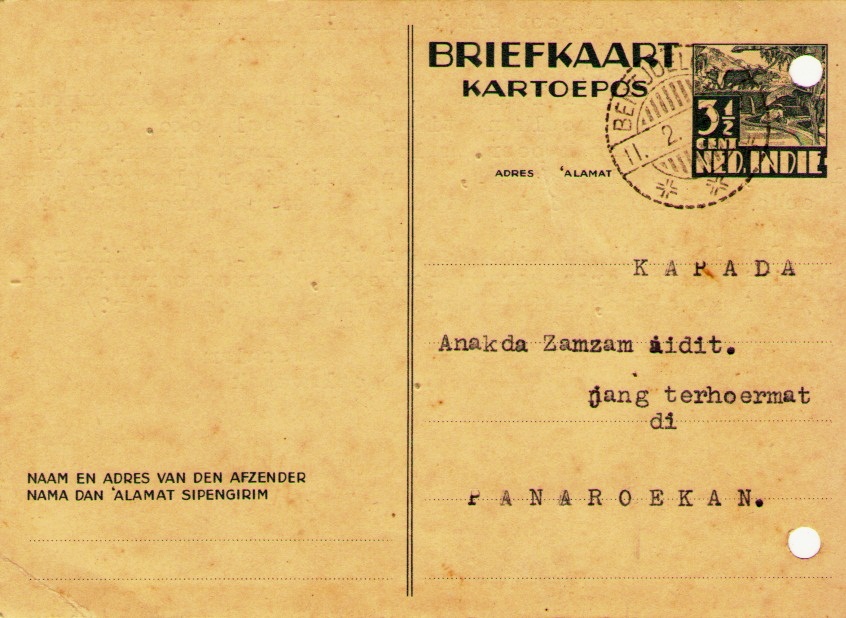 Postcard from Bentjoeloek (11.2.40) to Panaroekan. Postal rate 3 1/2 cent.