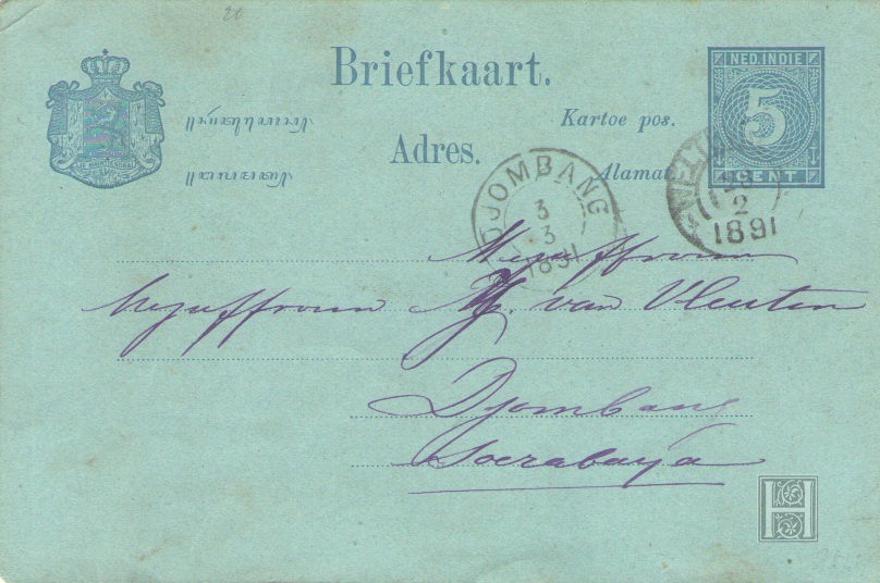 Postcard from Weltevreden (28.2.1891) to Djombang (3.3.1891). Postal rate 5 cent.