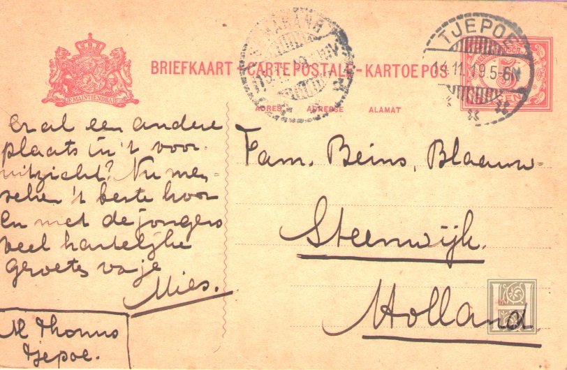 Netherland Indies - 1919 - Tjepor to Holland via Semarang