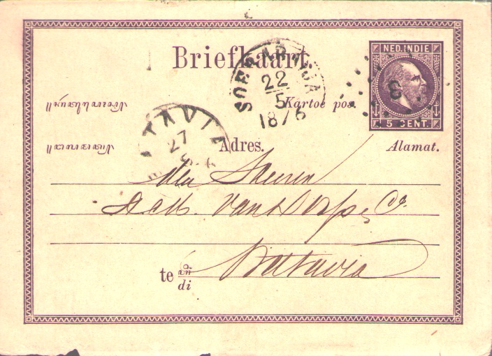 Postcard from Soerabaija (22.5.1876) to Batavia. Using Puntstempels no. 3 and Kleinround.